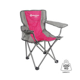 KIDS Camp Chair, Pink/Grey Foldable, Easy Clean Fabric, Drink Holder, Locking Device to Secure Legs into Place, Weight Rated 100kg, Carry Bag with Shoulder Strap